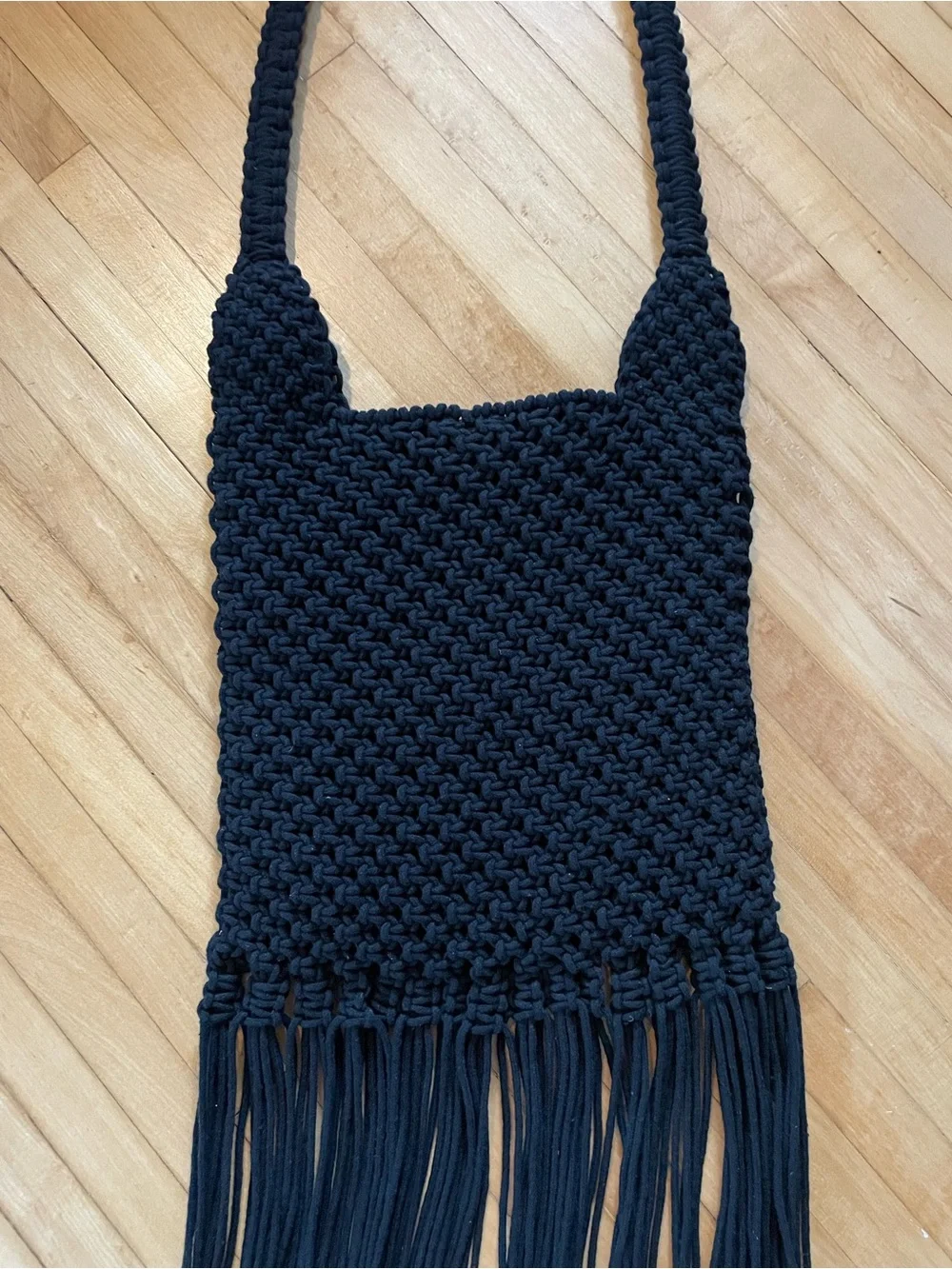 Macrame Long Fringe Shoulder Bag Purse Tote Lined Snap Closure Indie Sleaze